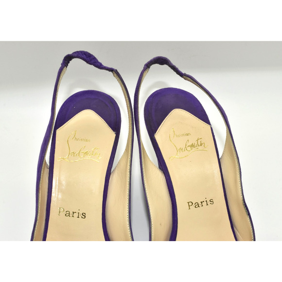 Christian Louboutin Purple/Black Suede and Patent Leather  E0 Auth CHRISTIAN LOUBOUTIN Purple Suede Peep Toe Wedge Slingbacks Sz 40.5 $950